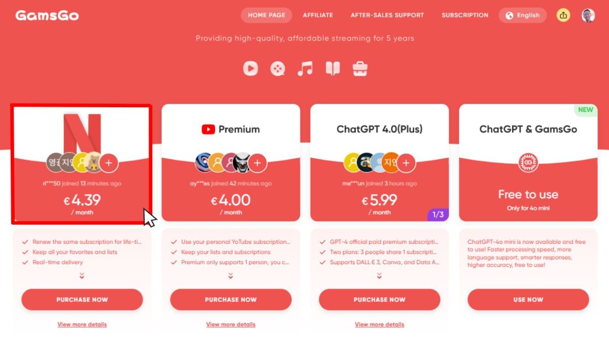 La scelta del servizio su GamsGo 