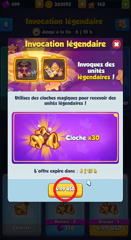 Este exemplo vem do meu vídeo tutorial onde explico como usar Platinums para comprar sinos no Rush Royale