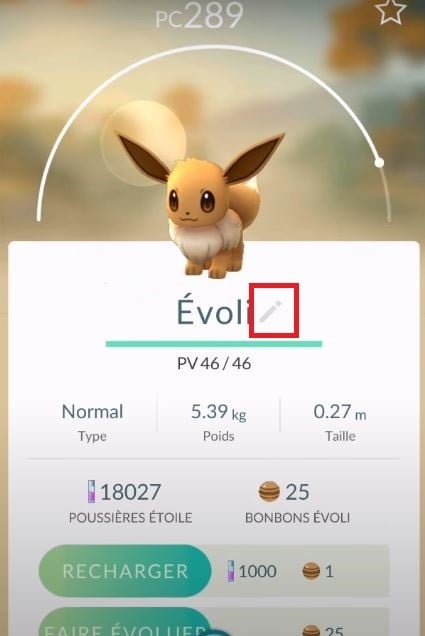 Imagem que mostra o ícone do lápis ao lado do nome de Evoli