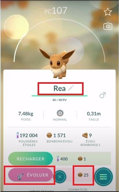 Gambar yang menunjukkan nama Evoli yang diubah namanya menjadi "Rea", tombol Evolve, dan 25 Permen Evoli yang diperlukan untuk evolusi di Pokémon GO. Karen untuk Alucare.fr