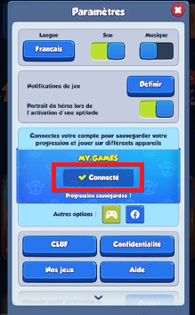 Ebenfalls in den Einstellungen von Rush Royale müssen Sie auf die Schaltfläche "Verbunden" klicken.