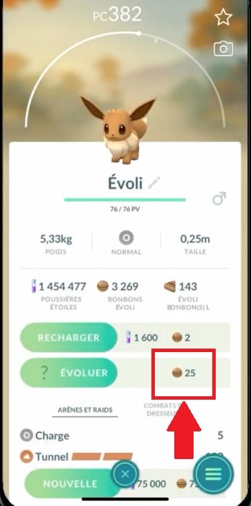 Assicurarsi di avere 25 caramelle Evoli prima di rinominarlo