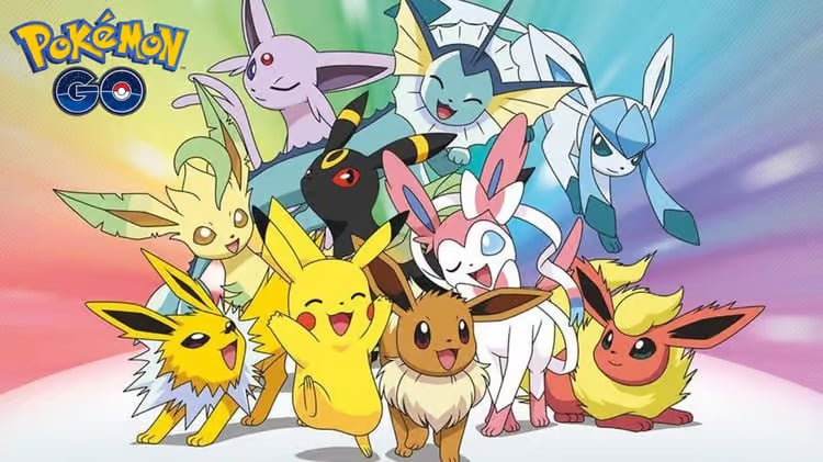 Evoli e le sue otto "evoluzioni" nel gioco mobile Pokémon GO (con Pikachu che si schianta!
