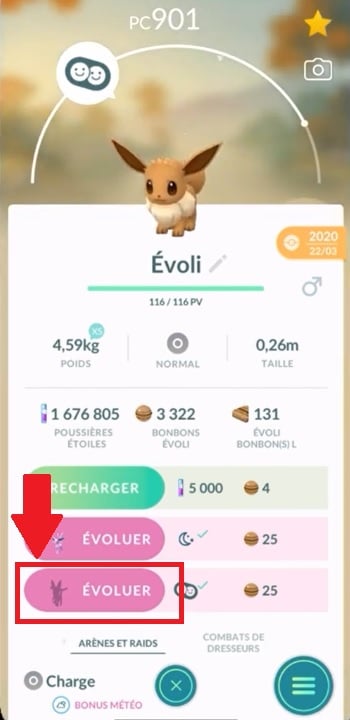 Selecciona "Evolucionar" para transformar tu Evoli en una Nymphali