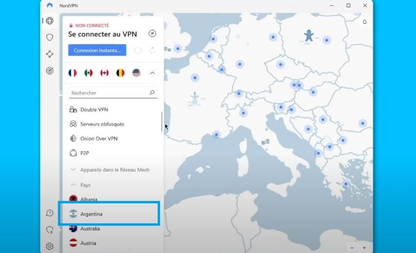 Billedet viser Argentina i de lande, der er tilgængelige på NordVPN