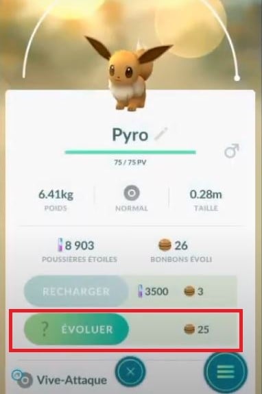 Immagine che mostra il pulsante "Evolvi" e le 25 Caramelle Evoli necessarie per far evolvere il Pokémon