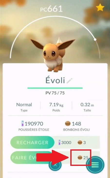 Asegúrate de tener 25 caramelos Evoli, de lo contrario no podrás evolucionar a tu Pokémon.