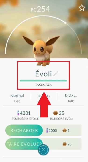 Haz clic en el pequeño lápiz para cambiar el nombre de tu Evoli