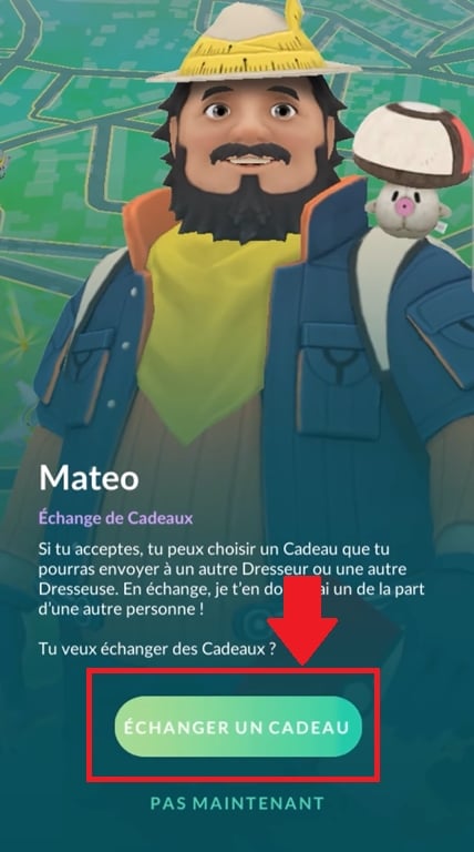 Нажмите "Выкупить подарок", чтобы отправить подарок в мобильной игре Pokémon GO. Карен для Alucare.fr