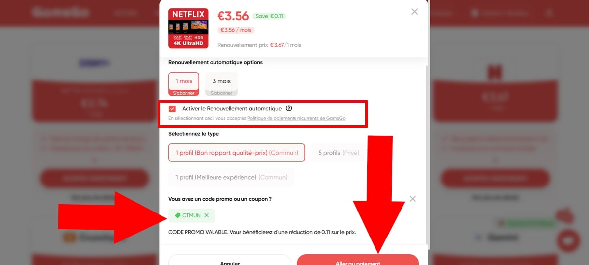 有効なプロモコードを使って、GamsGoでNetflixの月額プランを選ぶ
