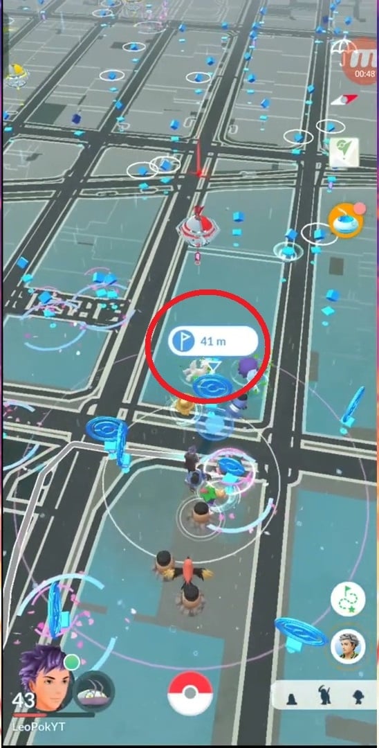照片显示《口袋妖怪 GO》中指示起跑线的蓝色旗帜。Karen for Alucare.fr