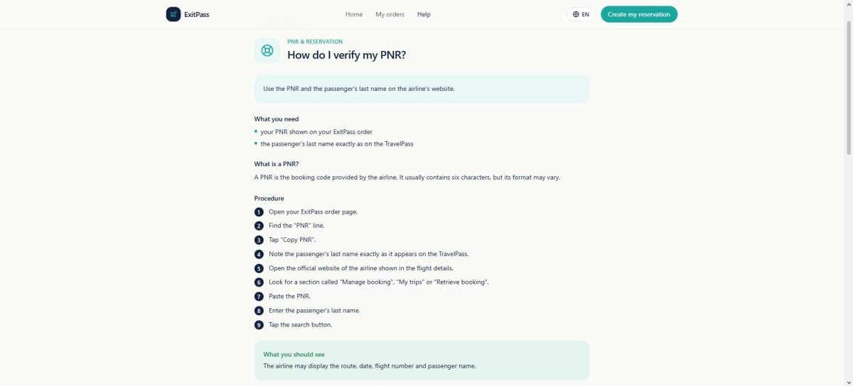 显示ExitPass网站上关于PNR的常见问题解答页面的屏幕截图