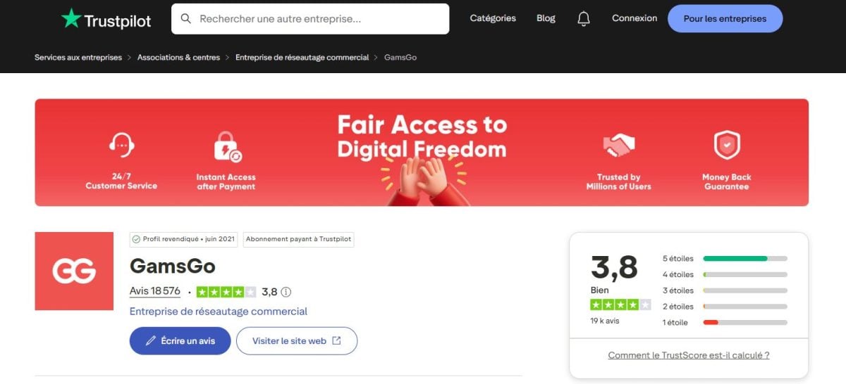 Opiniones de los usuarios sobre GamsGo en TrustPilot.