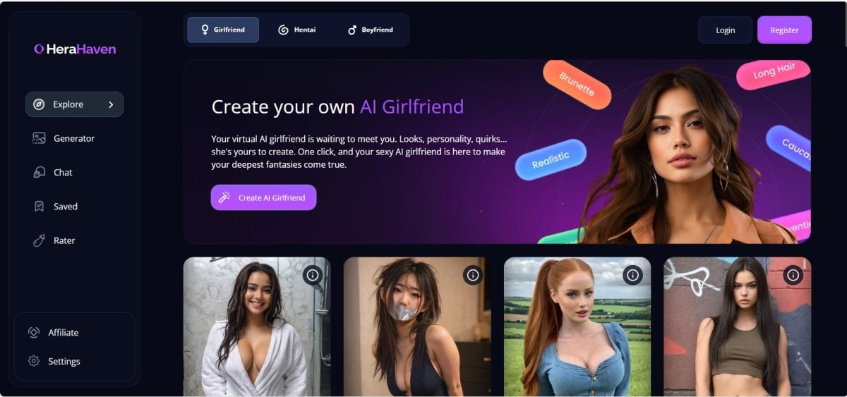 Screenshot taken from the HeraHaven interface giving an overview of the possible design of a virtual girlfriend on the platform. 