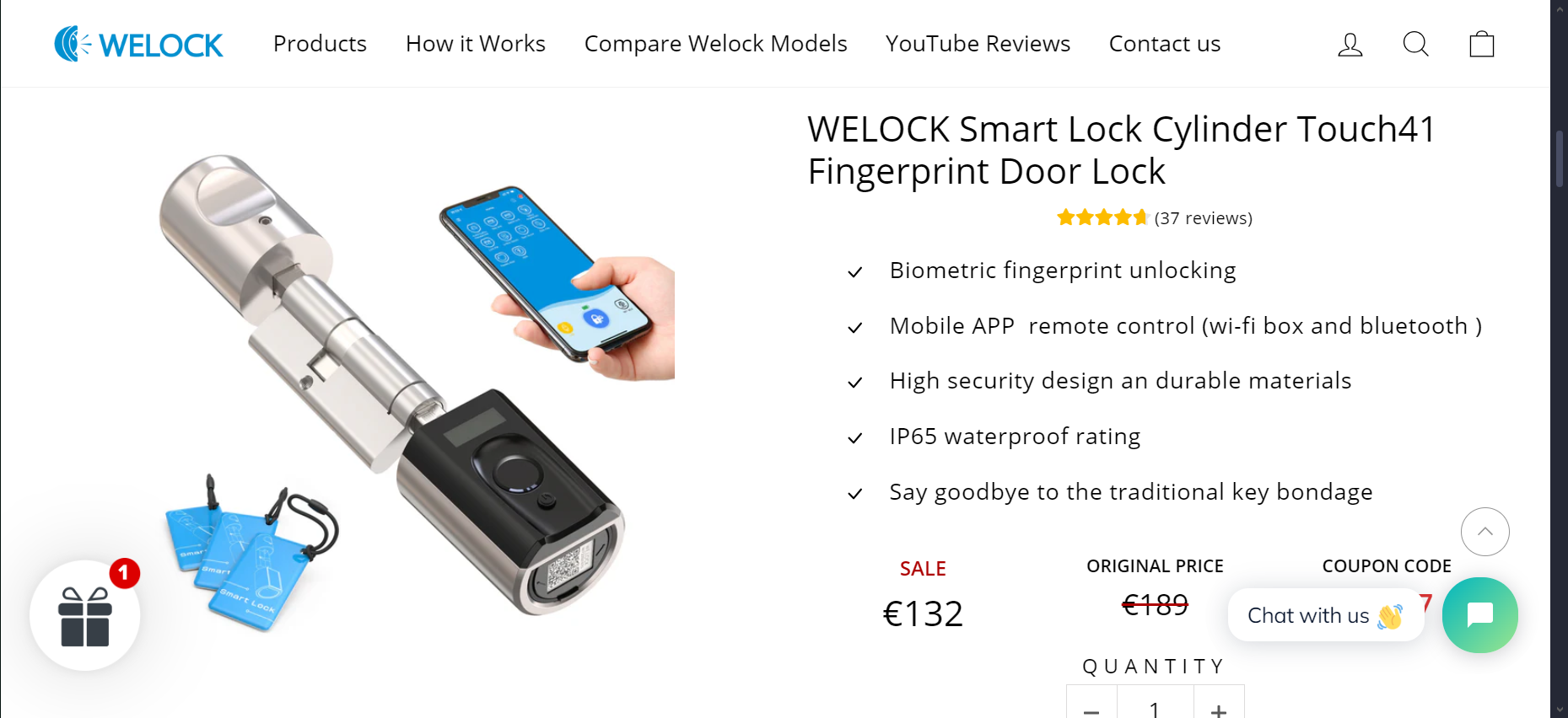 Questa immagine proviene dal sito ufficiale di WELOCK e mette in evidenza una promozione sulla serratura per porte WELOCK Smart Lock Cylinder Touch 41 Fingerprint, venduta a 132€ invece di 189€.