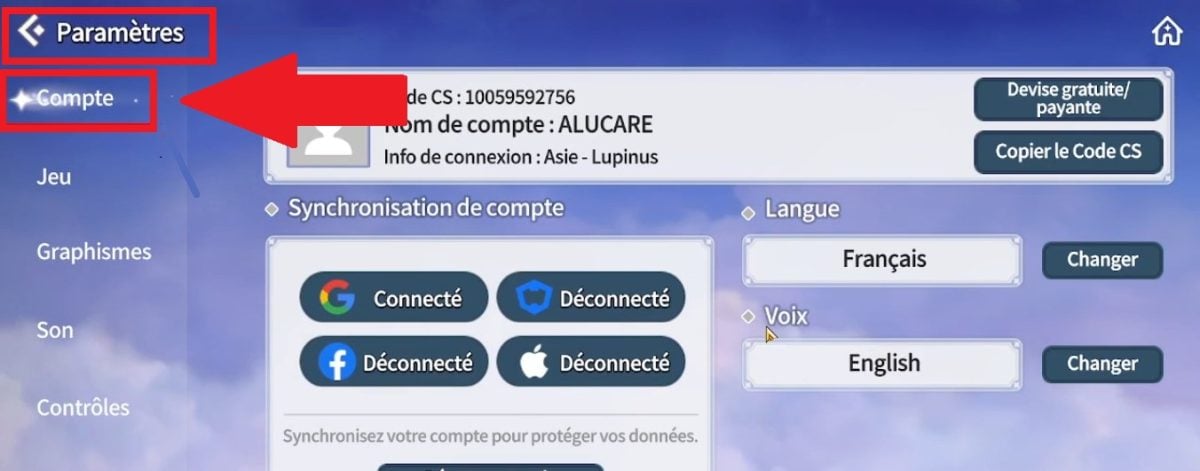 Option Konto in den Einstellungen auf Summoner War Chronicles