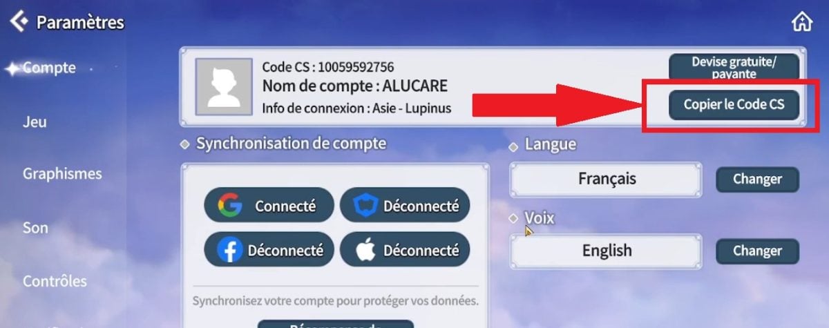 Option Kopiere CS-Code auf Summoner War Chronicles