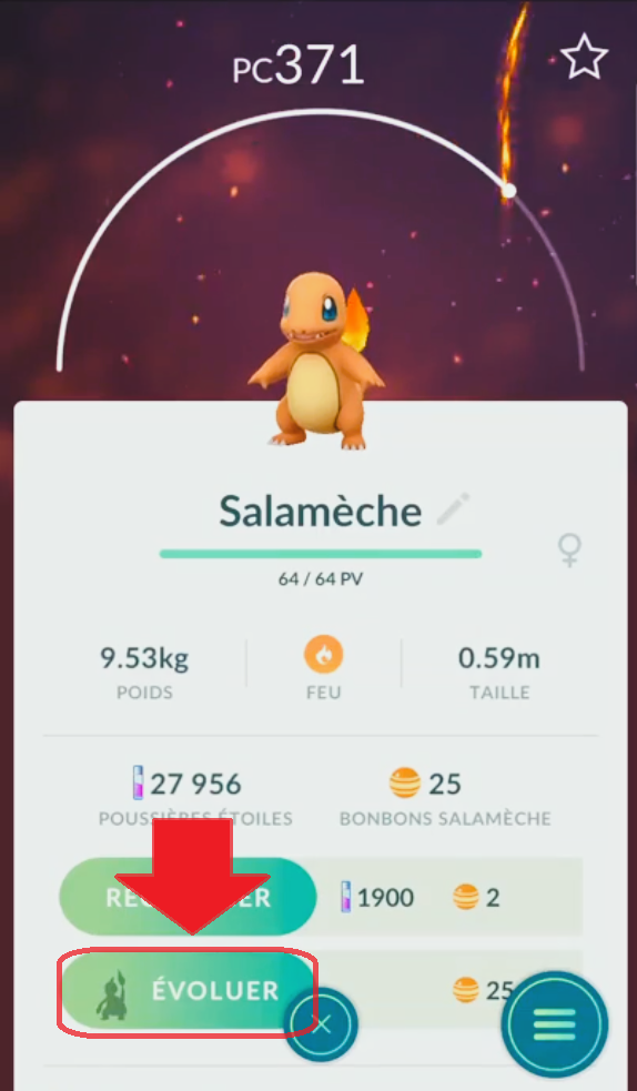 Clique em evoluir para transformar Salamèche em Reptincel