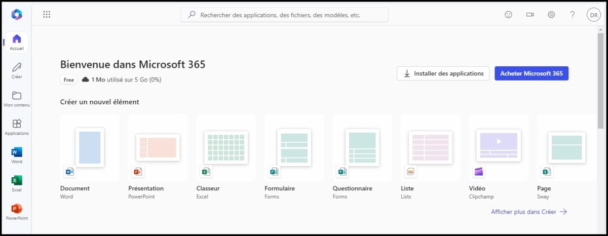 Интерфейс вашей бесплатной учетной записи Microsoft 365