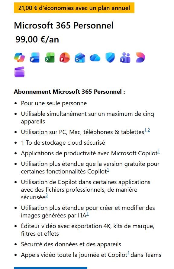Prix de Microsoft 365 Personnel : environ 10 euros par mois pour Word Excel PowerPoint et Outlook