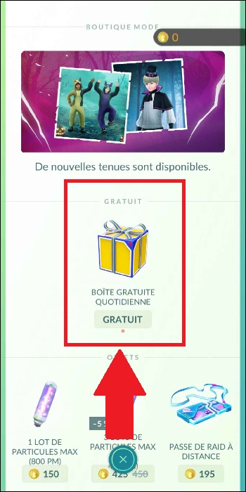 Besuche den Shop deiner Pokémon GO-Anwendung, um deine tägliche kostenlose Box zu finden. 
