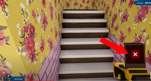 Изображение с красным фоном, указывающим на то, что лестница в игре House Flipper не может быть продана или удалена. 