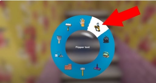 Изображение, показывающее инструмент Filpper Tool в House Flipper 2, с курсором, направленным на лестницу. ©️Princia для Alucare.fr
