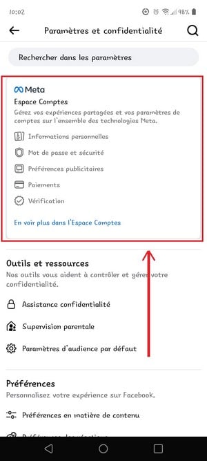 Opção Espaço da conta do Facebook