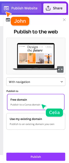 该截图来自 Canva 官方网站上的演示视频，展示了网站的发布和免费域名的选择。