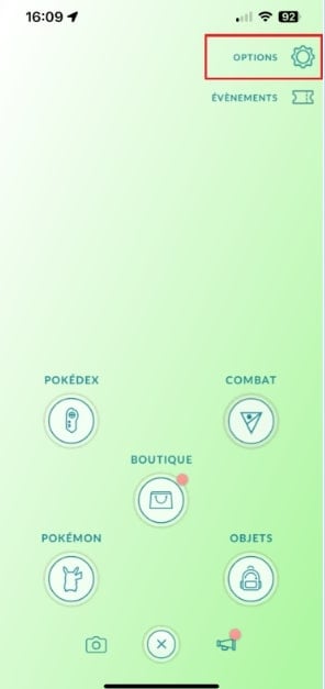 Indicazione della posizione delle opzioni su Pokémon GO. 