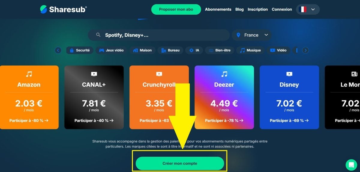 Étape de création d'un compte utilisateur sur Sharesub