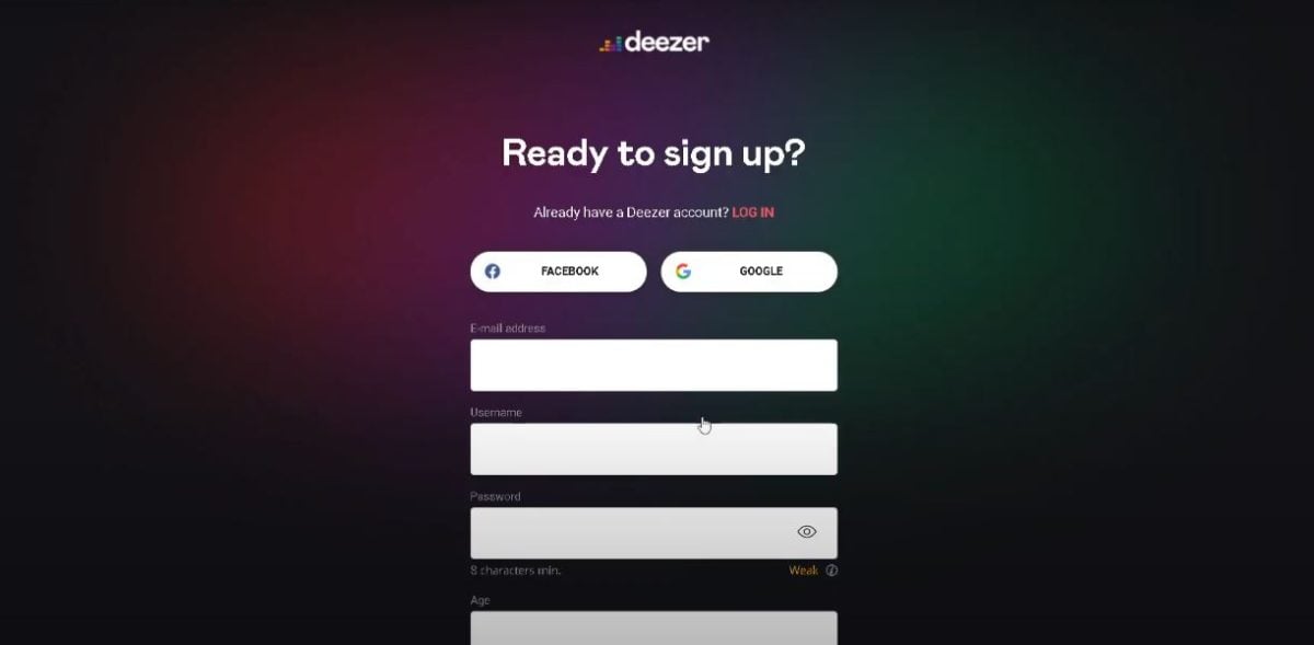 Imagen que muestra cómo registrarse en Deezer. 