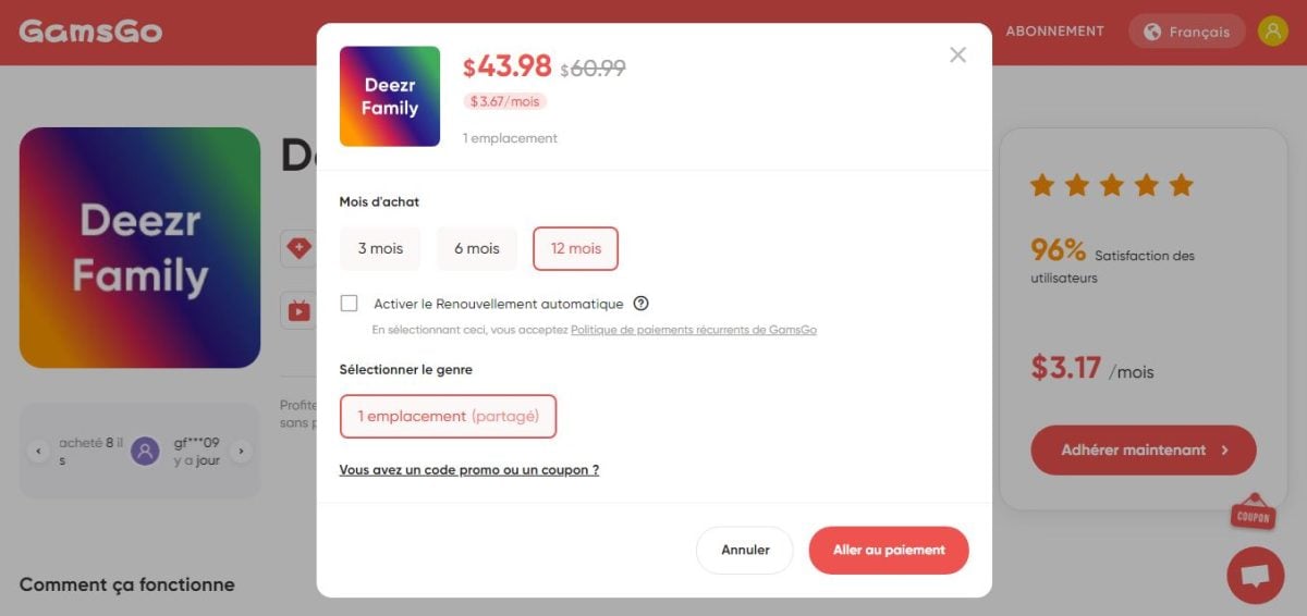 Imagen que muestra los paquetes Deezer disponibles en GamsGo. 