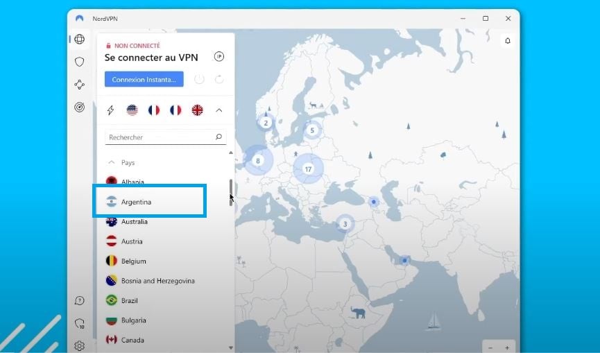 Foto que muestra la lista de países en NordVPN. 