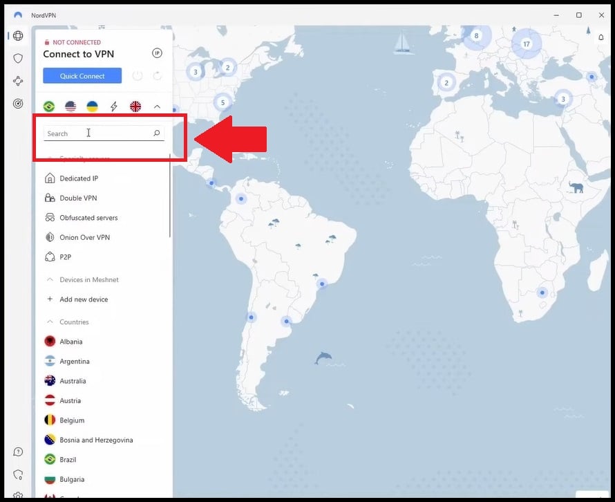 Escriba Turquía en la barra de búsqueda y haga clic en el nombre del país para conectarse a su servidor.