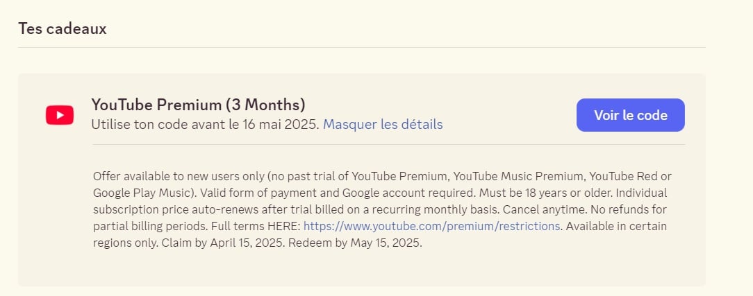 Su Discord, è possibile ricevere un codice che consente di usufruire di YouTube Premium per 3 mesi. Non dimenticate di controllare le condizioni e di utilizzare il codice prima della scadenza.