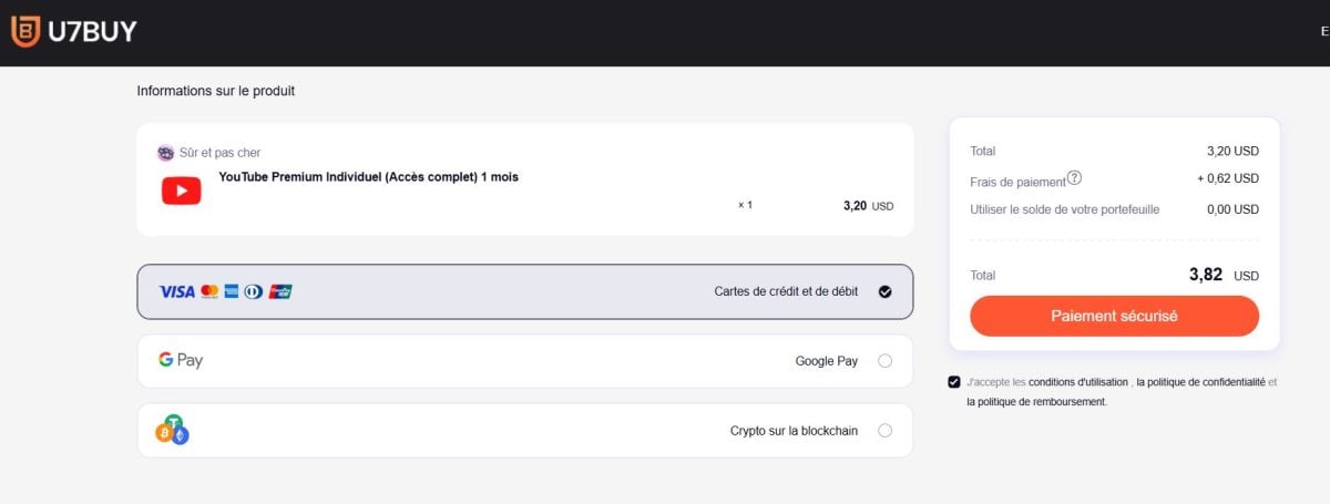 Secure payment to purchase a YouTube Premium account on U7BUY.
