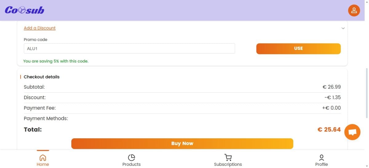 Quando si utilizza un codice promozionale Coosub, questo viene applicato al pagamento e incluso nei dati di pagamento.