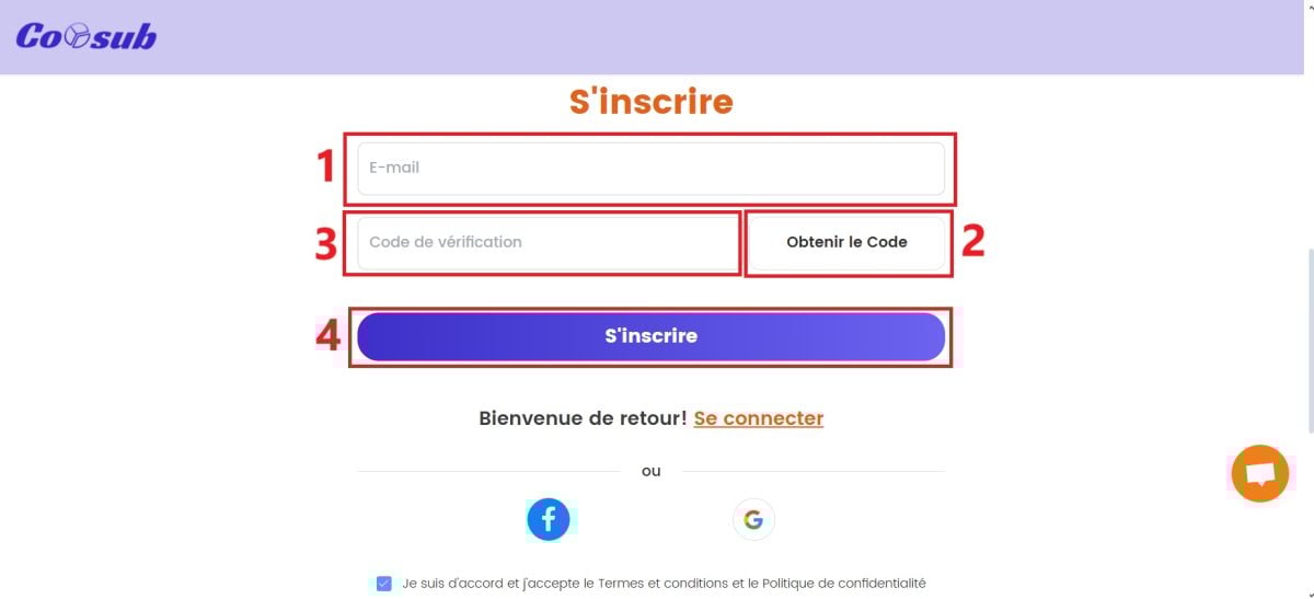 È possibile iscriversi a Coosub utilizzando il proprio account Facebook o Google.