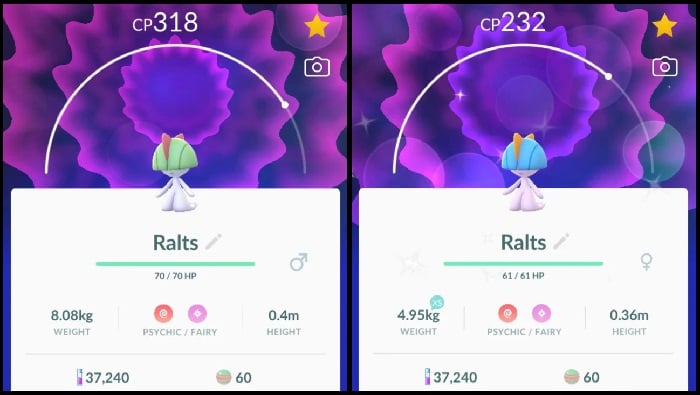 Tarsal Berkilau (kanan) di Pokémon GO