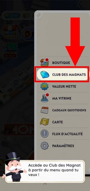Trova il Club dei Magnati su Monopoly Go nel menu