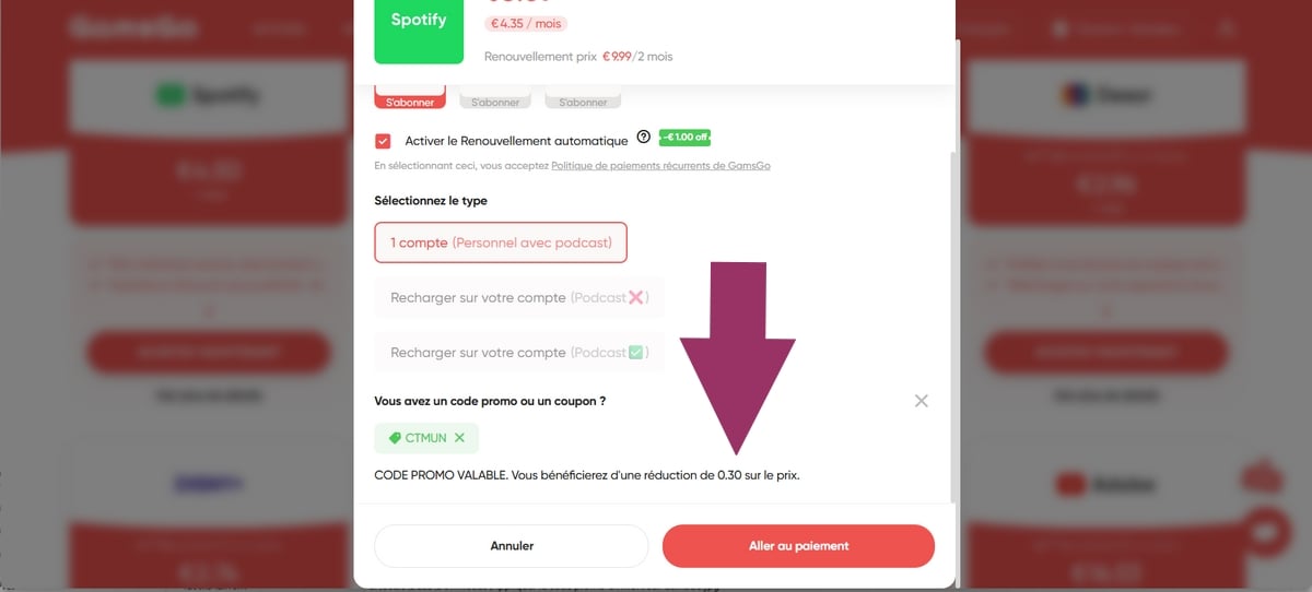 Voici le message que vous recevrez après avoir appliqué le code promo CTMUN 