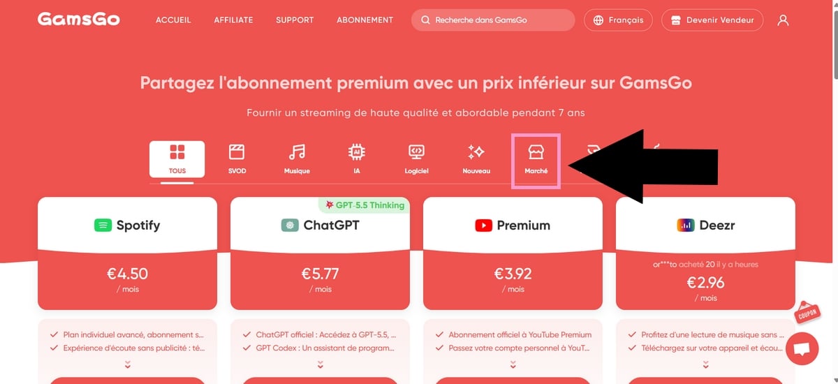 Le site classique de GamsGo pour accéder à GamsGo Markeplace