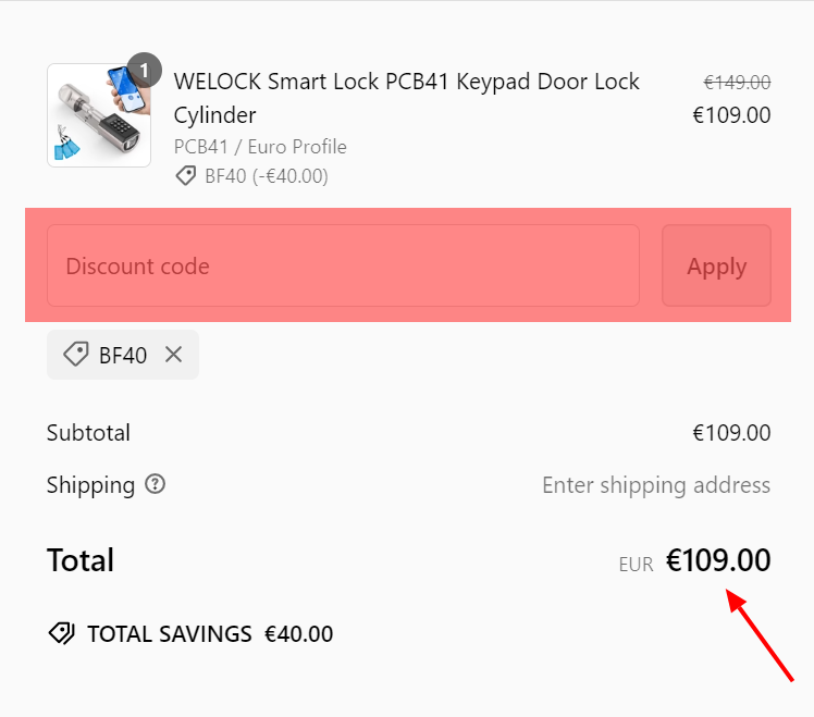 In questa schermata, ho applicato il codice promozionale AHS40 al prodotto WELOCK PCB4 per usufruire dello sconto di 40 euro.