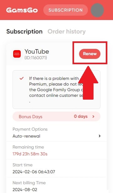 Appuyez sur RENOUVELER pour continuer l'aventure YouTube avec GamsGo.com