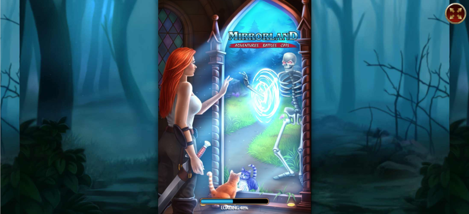 This screenshot shows the start-up of Mirrorland Adventures Battles Cats on PC.