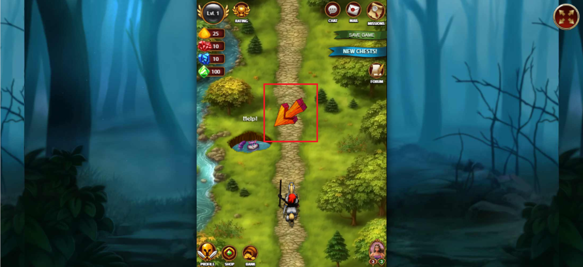 In this shot, the orange arrow points to a cat that has fallen into a hole filled with water.