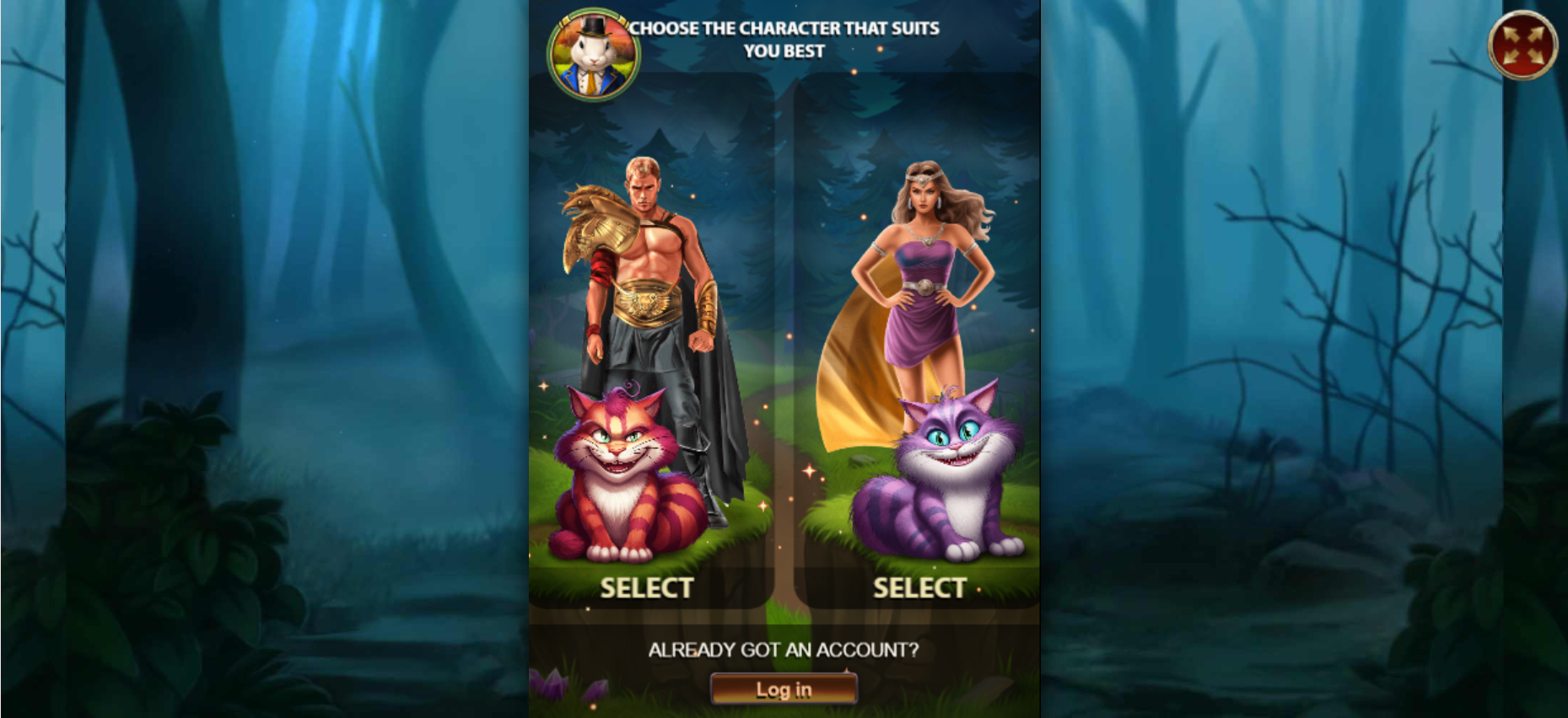 You can choose between a man or a woman (each with their own cat). If you already have an account, simply click on the LOG IN button at the bottom of the screen.