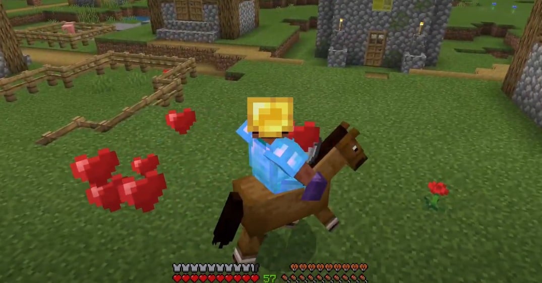 Corazones que muestran que el caballo en Minecraft es manso