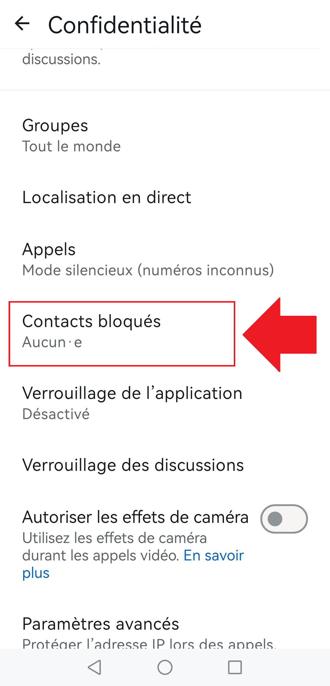 Scrollen Sie nach unten, bis Sie die Option Blockierte Kontakte sehen und klicken Sie darauf.